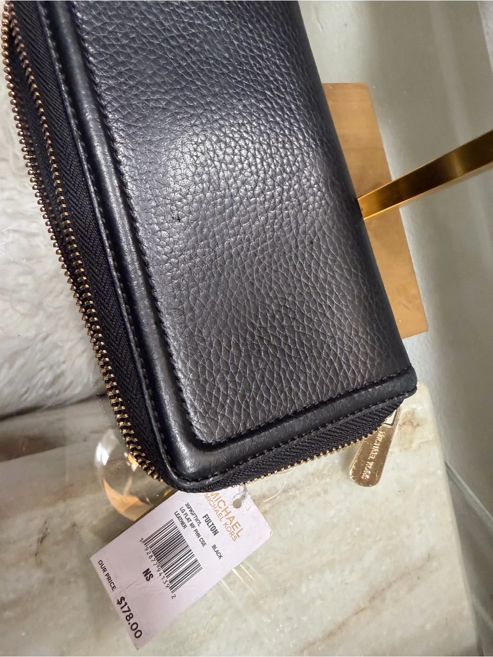Michael Kors NWT Black Pebbled Leather Wristlet Wallet gold hardware $178 MSRP